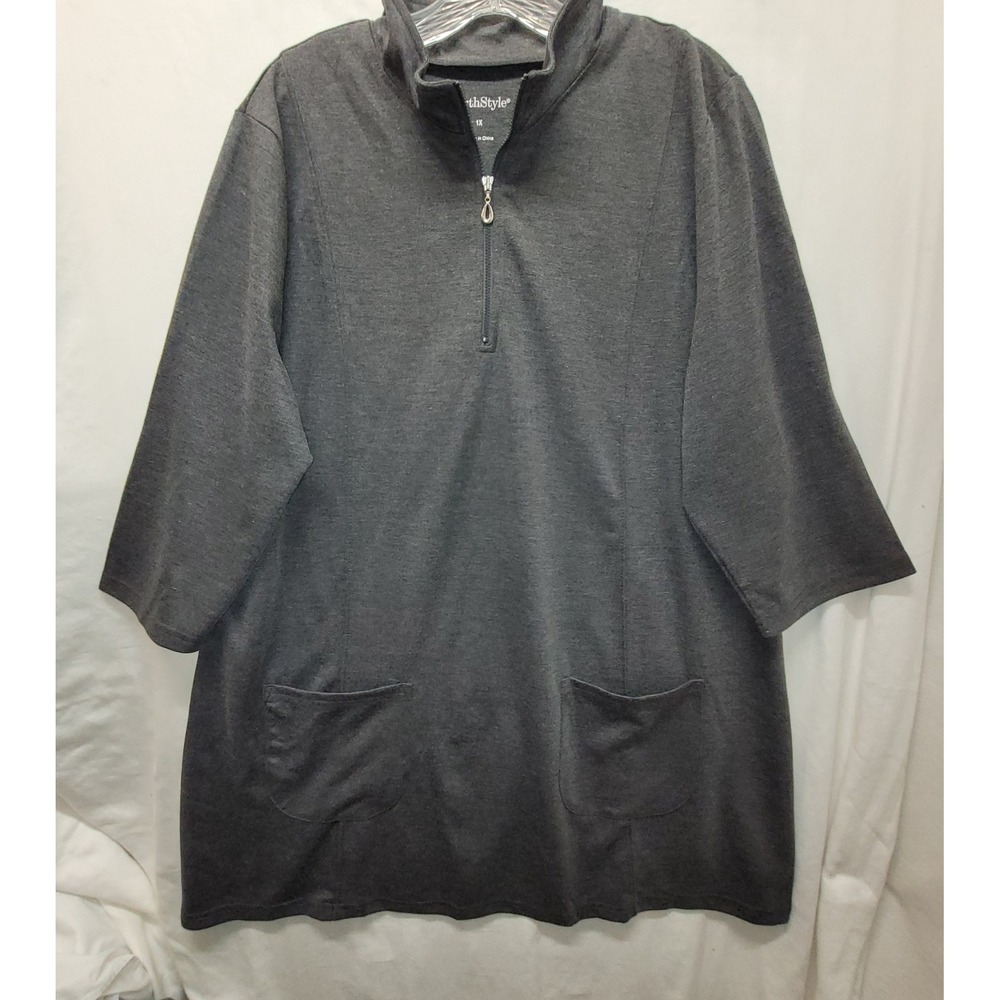 NorthStyle Women 1X Charcoal Gray 1/4 Zip Pocket Tunic Top Ponte Knit 3/4 Slv